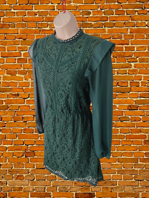WOMENS OASIS SIZE UK SMALL EMERALD GREEN LACE CHIFFON LONG SLEEVE PARTY  DRESS | eBay UK