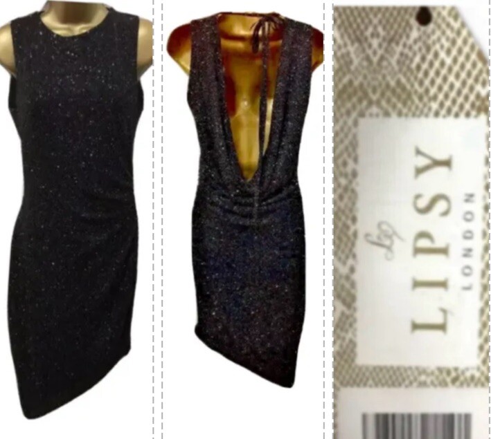 lipsy cowl back bodycon dress 10 Black Glitter Sparkly Evening Party Occasion bridal rehearsal High Neck Cut Out Sizes:US 8 It features a stunning