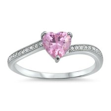 Heart Ring Genuine Sterling Silver 925 Pink Clear CZ Face Height 6 mm Size 4