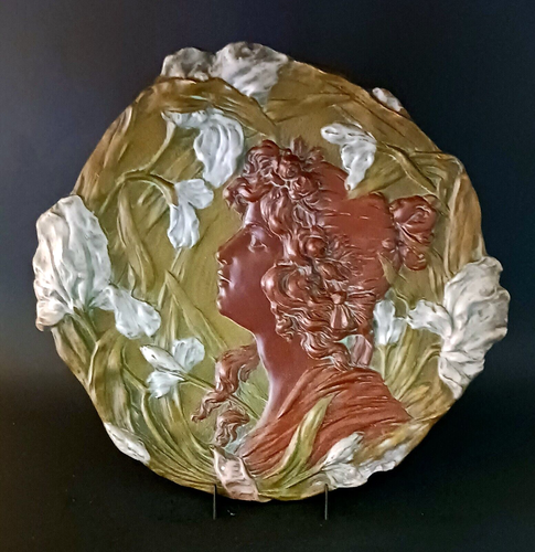 Antique Ernst Wahliss Austria Art Nouveau Pottery Wall Plaque Woman Flowers 13". - Picture 5 of 18
