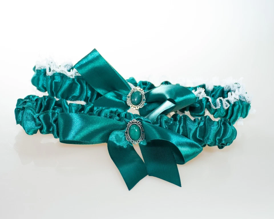 Juego de ligas nupciales verde esmeralda con piedra natural 2 piezas (par) Foto 4 de 4