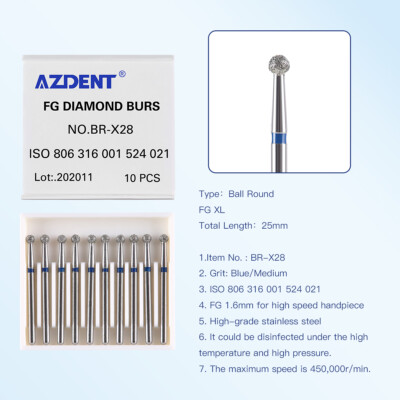 AZDENT Dental Diamond Burs - Stainless Steel Ball Round FG, 1.6mm Head, 25mm Length