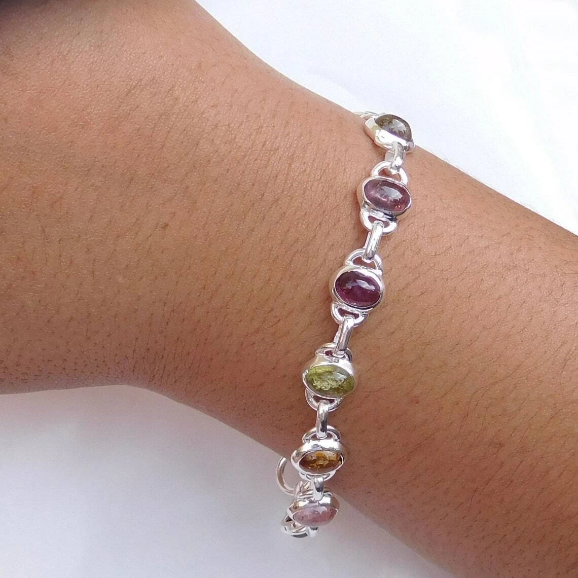 Natural Multi Tourmaline Bracelet 925 Sterling Silver Handmade