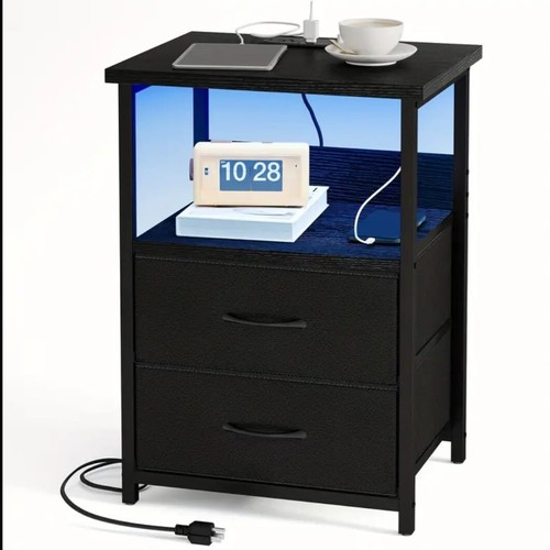 Nightstand with Charging Station, LED Nightstand with USB Ports and Outlets