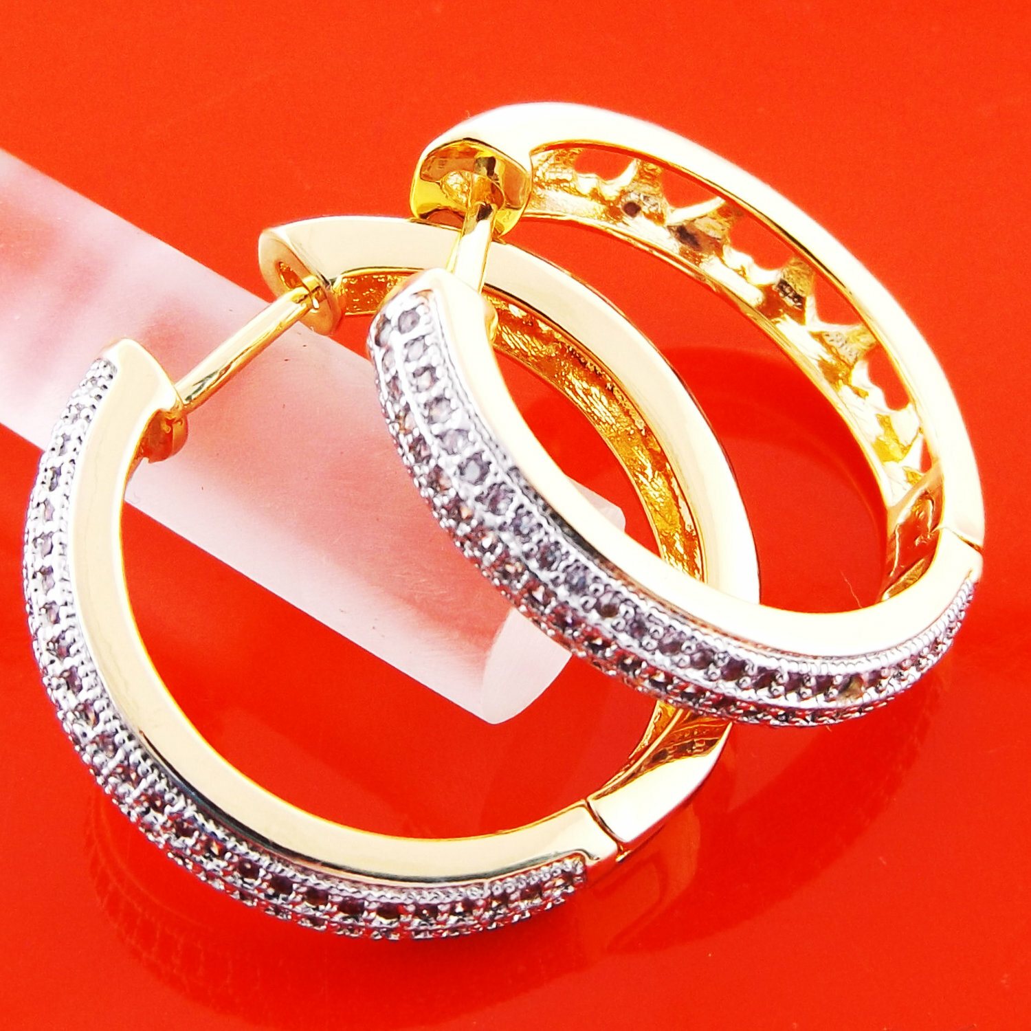 Hoop Earrings 18k Yellow Filled Gold Diamond Simulated Huggie Dangly Design ++-image