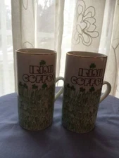 Irish Coffee Mugs 2 Shot Glasses White and Green Shamrock Gold Trim 4"