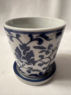 Asian Inspired Blue N White Ceramic Planter With Saucer And Drain Hole