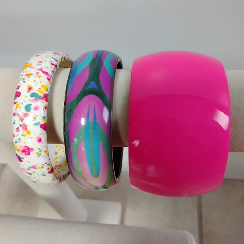 Vtg Sz 7.75-8.5 Bangle Bracelet Lot Pink Purple Confetti Chunky Lucite Plastic 