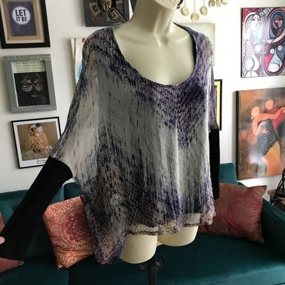 GYPSY 05 size XS Purple & Gray Abstract Print Silk Flowy Dolman Sleeve Top NWT