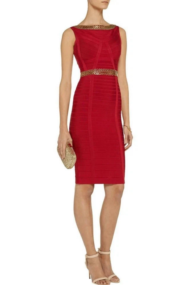 NWT Authentic Herve Leger "ARDELL" S Chain-Detailed Red Bandage Dress $1,890 - Image 3 of 4