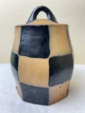 Vintage Signed Studio Pottery Checker Board Stoneware Lidded Jar Hand Thrown