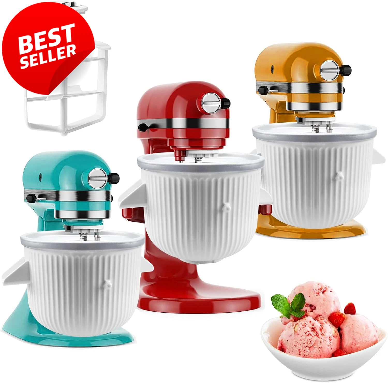 Ice Cream Maker Attachment 2Qt White for Kitchenaid 4.5Qt+Mixer Sorbet Gelato US