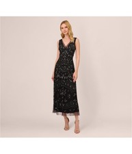 Adrianna Papell Womens Beaded V Neck Party Gown Dress