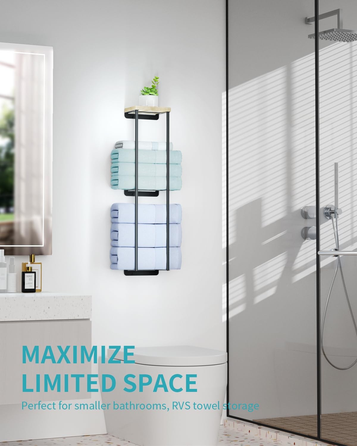 Towel Racks for Bathroom, 2 Tier Wall Holder with Wood Shelf, Black