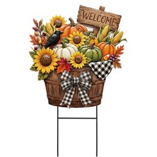 Fall Outdoor Decor, Pumpkin Metal Garden Stakes 25 Inch Autumn Sunflowers Bas...