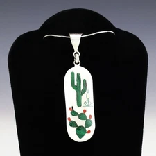 NATIVE AMERICAN ZUNI INLAY CACTUS PENDANT BY QUINTIN QUAM