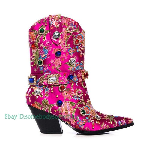 Women's Pointed Toe Side Zipper Embroidered Rhinestone Leather Plus Size Boots - Picture 20 of 30