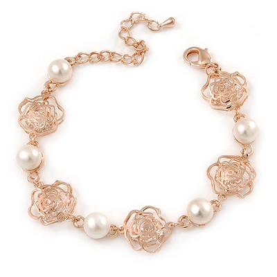Delicate Filigree CZ Rose with Simulaled Pearl Bracelet In Rose Gold Tone Metal