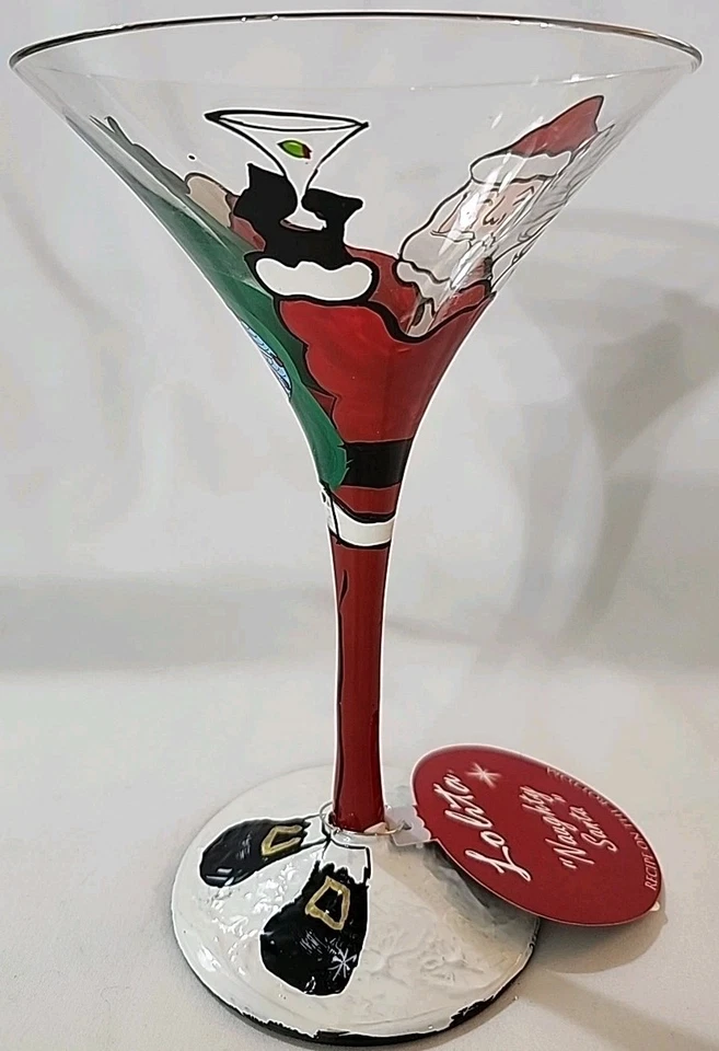 Receta de vidrio Martini pintada a mano Lolita Naughty Santa nueva con etiquetas en la parte inferior IOB Foto 4 de 4