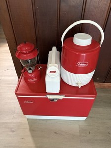 Vintage Coleman Lantern, Cooler, Jugs Red Set - Lantern, Cooler, Water Jug