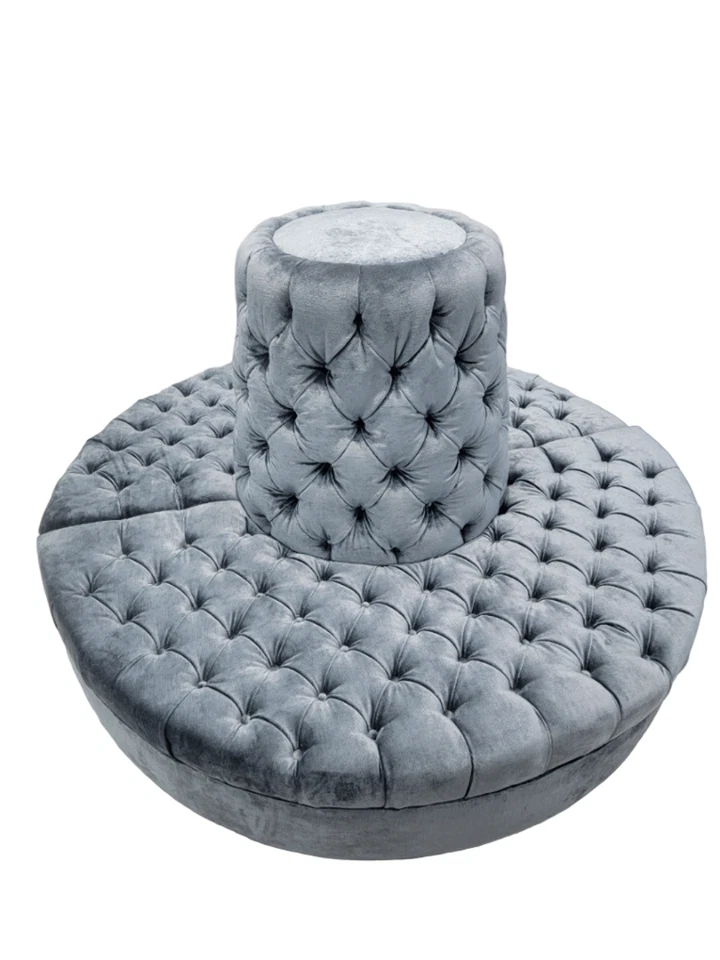 Vintage Round Banquet Settee Tufted Lobby Sofa Newly Reupholstered in Blue Velve - Image 3 of 4