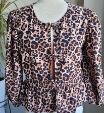 Sim & Sam Leopard Print Tie Front Peplum Blouse Women's Sz M Puff Sleeve Animal 