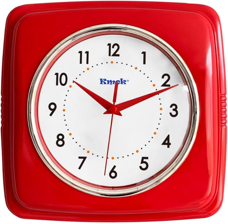 9" Retro Square Wall Clock, Silent, Red | Battery Operated, Non-Ticking, Easy to