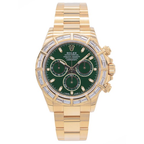 Rolex Daytona 116568BR Green Dial 18K Yellow Gold Baguette Dia...