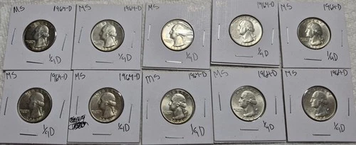Lot Of 10 (1/4 Roll) Of Uncirculated 1964 D Washington Quarters In 2x2s. A0284