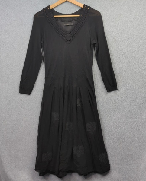 Sita Murt Dress Womens 42 Black Long V-Neck Silk Main Knitted Trim Designer