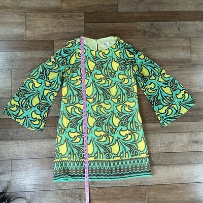 Milly of New York Women's Sz 6 Retro Print Bell Sleeve Shift Dress Green #381118