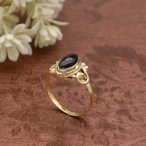 Black Onyx Stone Brass Ring, Handmade Ring, Girl & Women, Marquise Stone Ring - Picture 3 of 5
