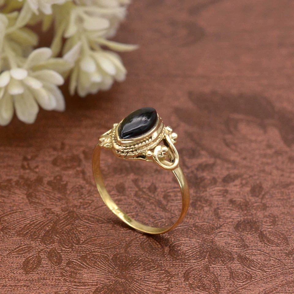 Black Onyx Stone Brass Ring, Handmade Ring, Girl & Women, Marquise Stone Ring - Image 3 of 4