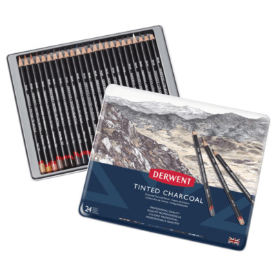 NEW 24x Derwent Tinted Charcoal Colour Pencils Tin Sketching Drawing Coloured
