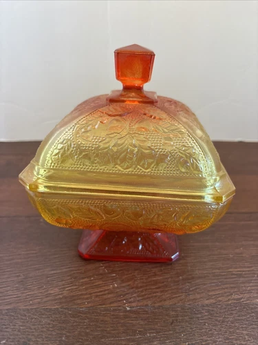 VTG Depression Indiana Glass Lidded Amberina Footed Candy Dish, Acorn Fall Theme