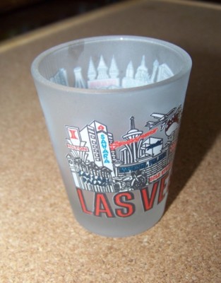Las Vegas frosted shotglass shot glass round featuring multiple casinos