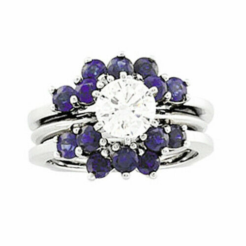 3/4 CT Blue Sapphire & Diamond Enhancer Ring Guard - 14K White Gold Finish