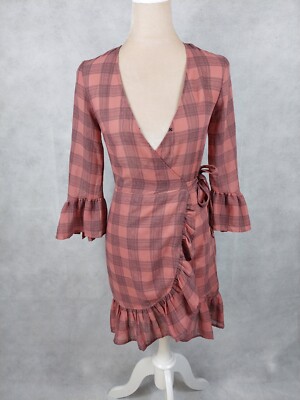 Kleid H&M divided Gr. 34 XS (36/S) rosa grau kariert Wickelkleid basic Rüschen 