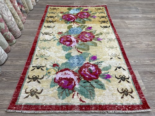3x5 Floral Vintage Turkish Rug, Beige Red Anatolian Rug, Hand-Knotted Wool Rug - Picture 3 of 10