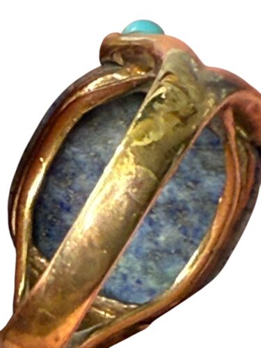 High Quality Artisan Lapis Lazuli Ring Size 6.75 With Truquoise 925 Gold Tone - Picture 6 of 11