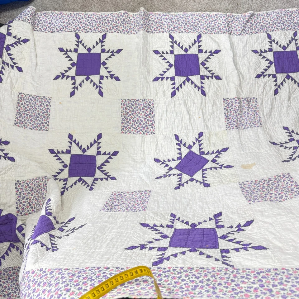 vintage handmade quilt twin flower purple feedsack cotton rustic primitive - Image 2 of 4