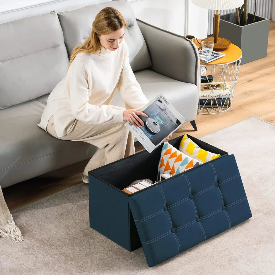 30 Inches Folding Storage Ottoman, 80L Ottoman Bench Footrest Stool, Linen Fabri - Image 3 of 4