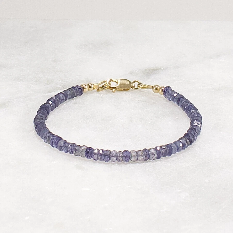 Pulsera de Iolita, Pulsera de Cuentas de Piedras Preciosas Micro Facetada Pulsera Apilable de Lujo Foto 4 de 4