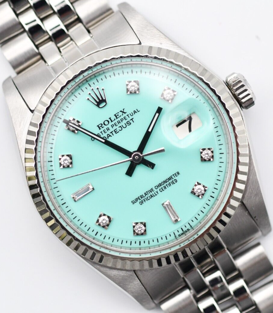 Rolex Datejust 1601 Turquoise Baguette Diamond Dial 36mm Watch Steel 18K  Gold
