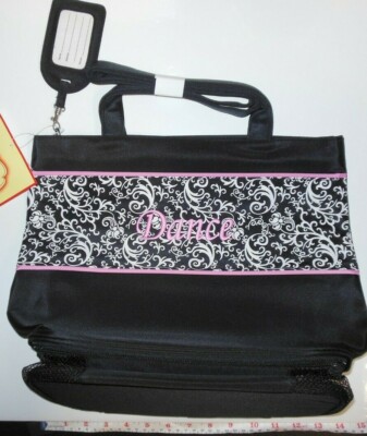  Dance Tote black white scroll front bottom mesh zip embroidered fron 14''x14''