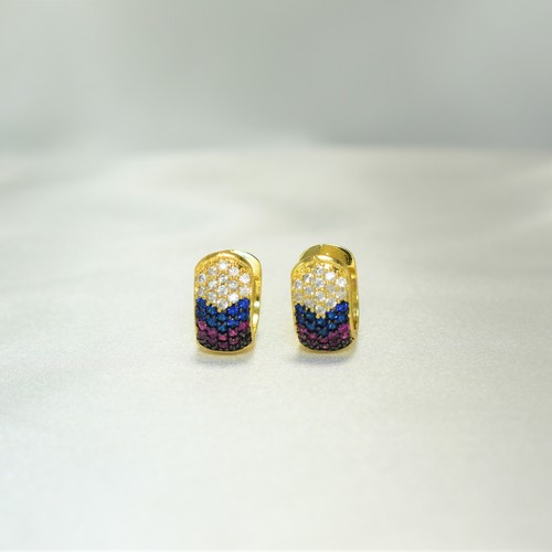 Multi Color CZ Huggie Earrings, 14k Gold Plated Huggie, CZ Stones - For Women - Picture 4 of 9