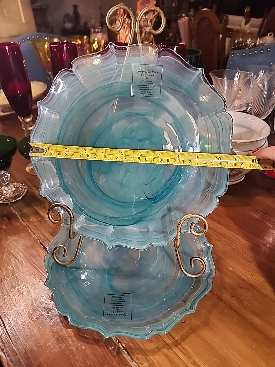 11" Rare Teal Green Artistic Accents Glass Plate Scalloped Edge Turkey