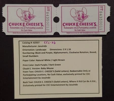 2 CONNECTED VINTAGE CHUCK E CHEESE PRIZE TICKETS - VG COND - CATALOG #622GT