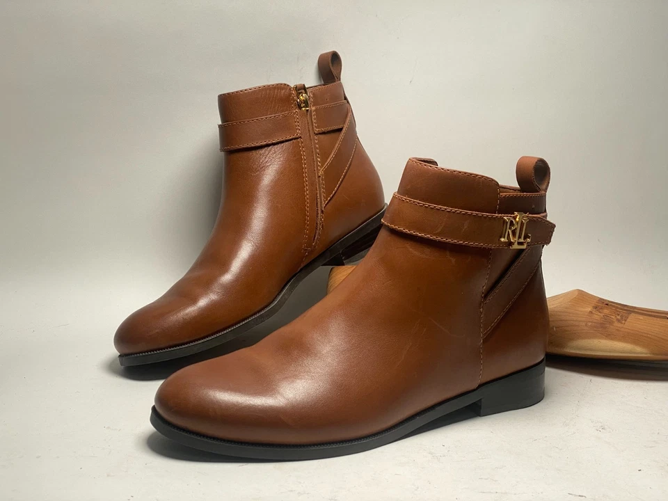 Botas al tobillo Lauren Ralph Lauren para mujer talla 8 B Bonne cuero coñac logotipo dorado Foto 3 de 4
