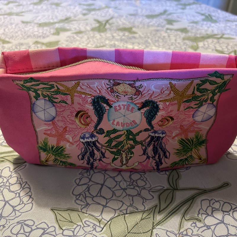 ESTEE LAUDER Sea Horse Printed Makeup Bag Shell Zipper~2 Side Look ~Pink- New